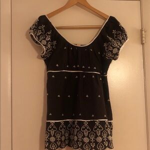 Dark Brown Embroidered Peasant Dress or Top with White Contrast Trim Size M.